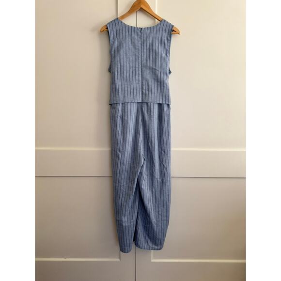 Lumiere Women’s L Blue Striped Sleeveless Jumpsuit V-Neck Tie Waist Cropped - Picture 4 of 9